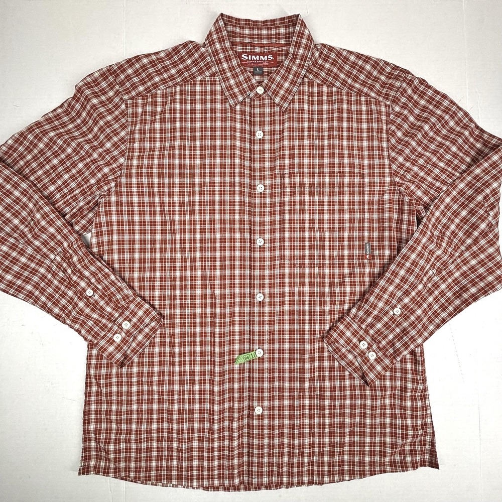 Simms Fishing Shirt Mens Large Rust Orange Plaid Check Long Sleeve Longhorns EUC